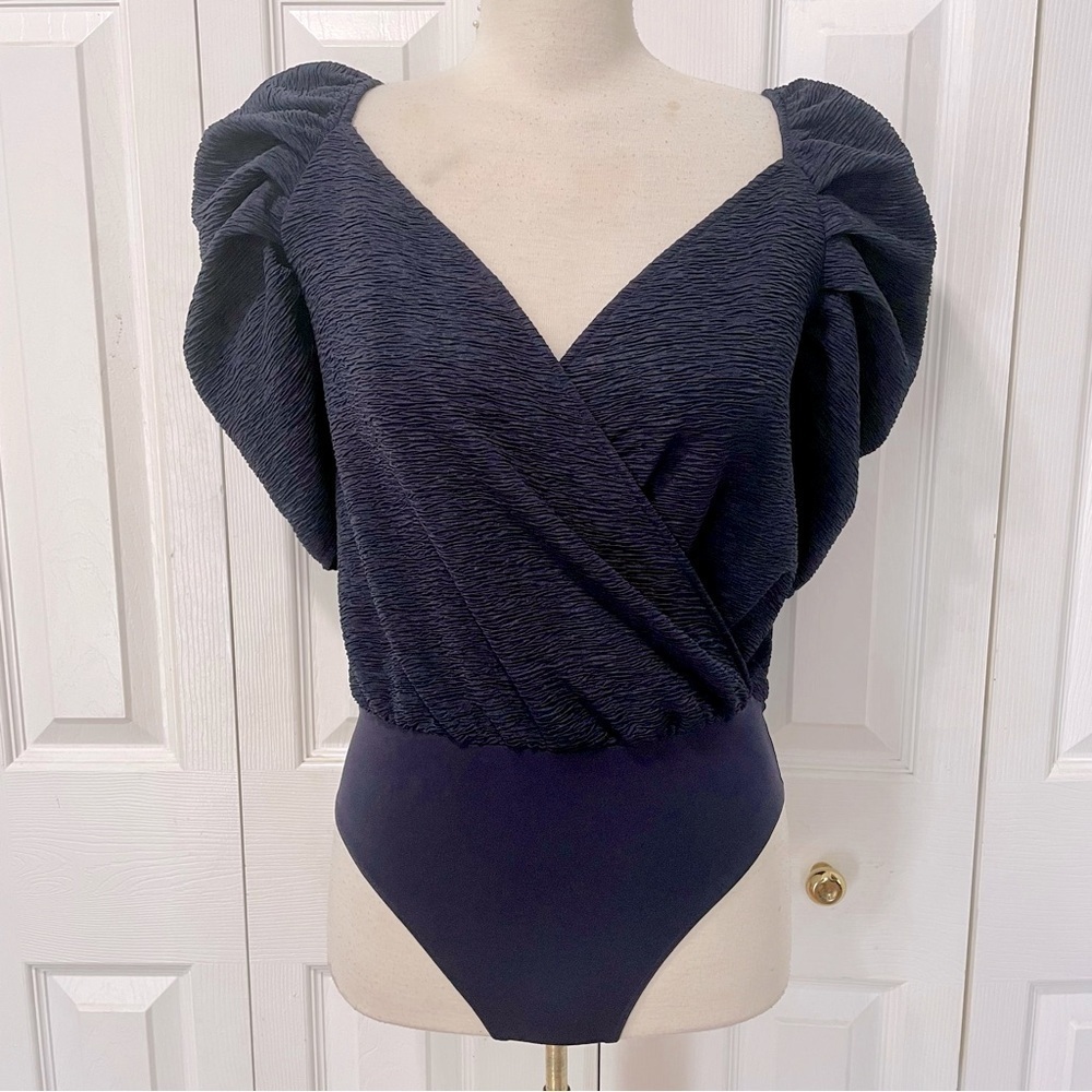 Express Sweetheart neckline and Puff Sleeve Navy Wrap Top Bodysuit